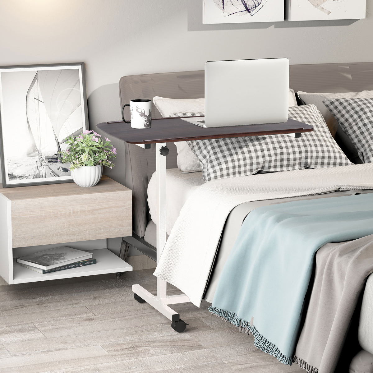 Height Adjustable Over Bed Table with Wheels, C Shaped Laptop Desk, Portable Hospital Bed Table for Living Room, Bedroom