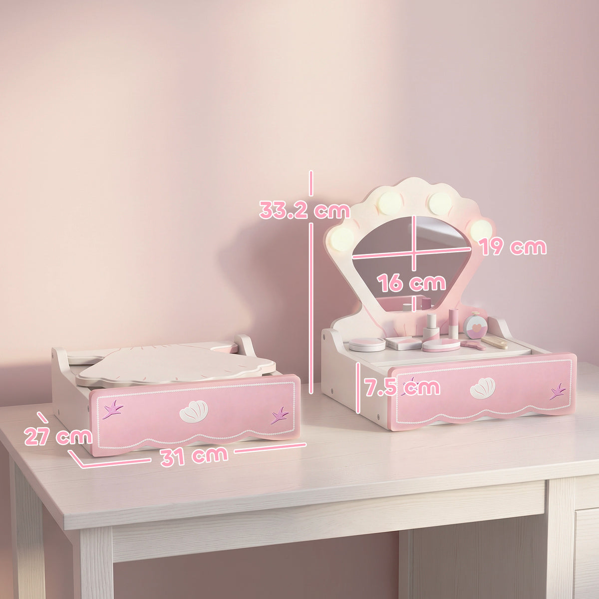 Kids Dressing Table, Portable Vanity Table with Lights, Mirror, Drawer, Accessories, Gift for 3-6 Years