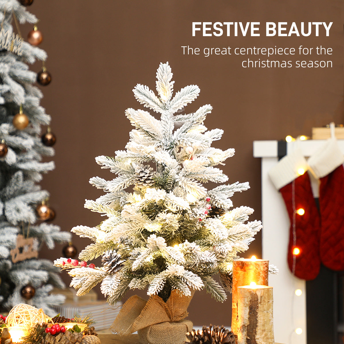 60 cm Prelit Small Christmas Tree with 35 LED Lights, Snow Flocked Tabletop Mini Xmas Tree with Pine Cones, Berry Clusters and Linen Cover Base, Battery Operated, Green
