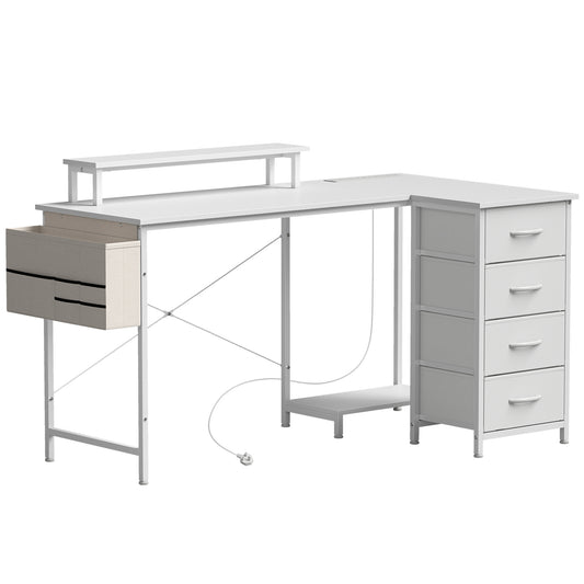 L Shaped Gaming Desk Reversible Power Outlets Corner Desk Storage Drawers Monitor Shelf 150 cm White