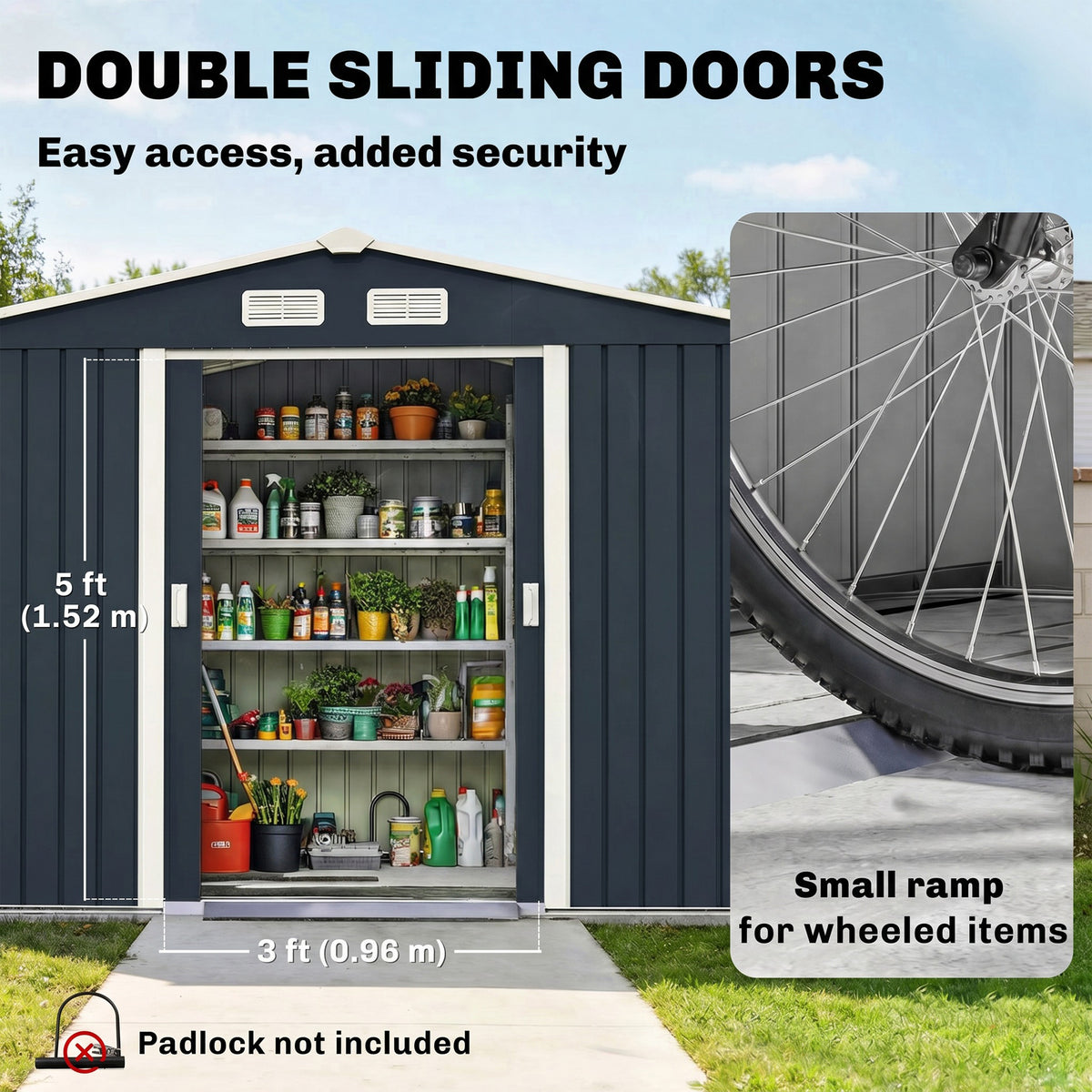 9 x 6ft Metal Bicycle Shed, Outdoor Storage Tool House with Ventilation Slots, Foundation Kit and Lockable Double Doors, Dark Grey