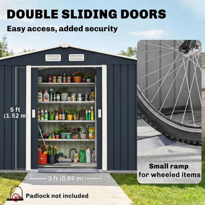9 x 6ft Metal Bicycle Shed, Outdoor Storage Tool House with Ventilation Slots, Foundation Kit and Lockable Double Doors, Dark Grey