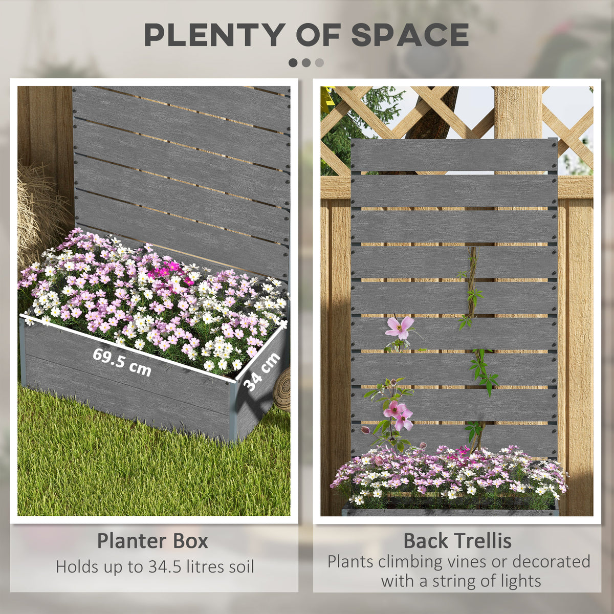 34 x 69.5cm Garden Planter Box, with Back Trellis, Grey