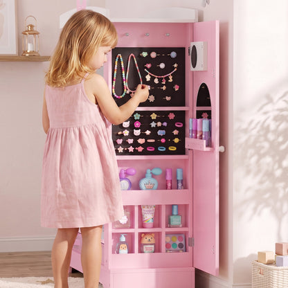 Kids Wardrobe with Lighted Mirror, Clothes Rail, Jewelry Cabinet, Shelves, Storage Boxes for Bedroom, Nursery, Pink