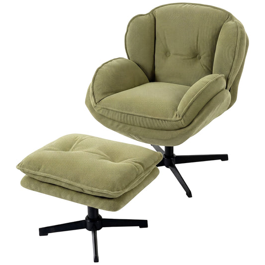 Armchair with Adjustable Footstool, 360-Degree Swivel Chenille Cloud Accent Chair with Thick Cushion, Steel Base