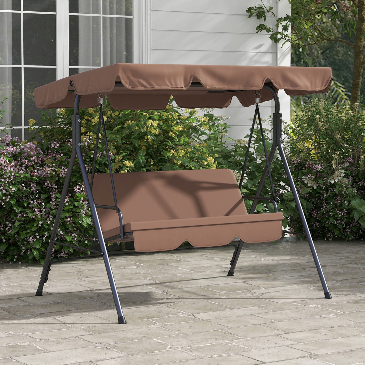 3 Seater Garden Swing Chair, Outdoor Swing Chair with Adjustable Canopy, Mental Frame & Cushions, Brown