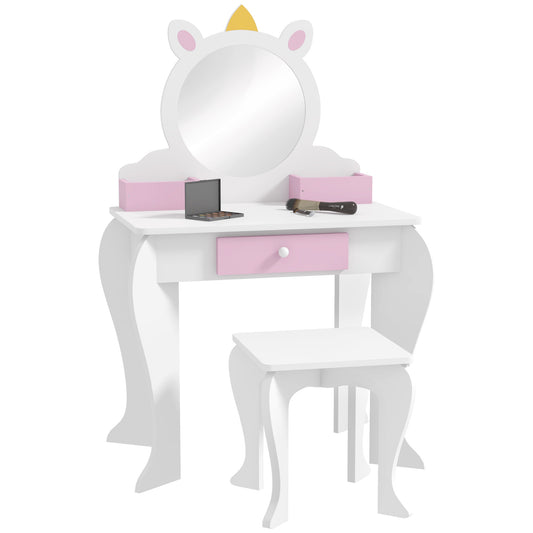Unicorn-Design Kids Dressing Table, with Mirror and Stool - White