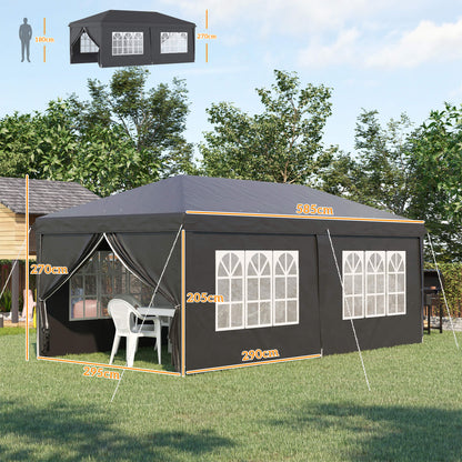 3 x 6 m Pop Up Gazebo with Sides and Windows, Height Adjustable Wedding Camping Party Tent Canopy Marquee with Storage Bag for Garden, Event, Black