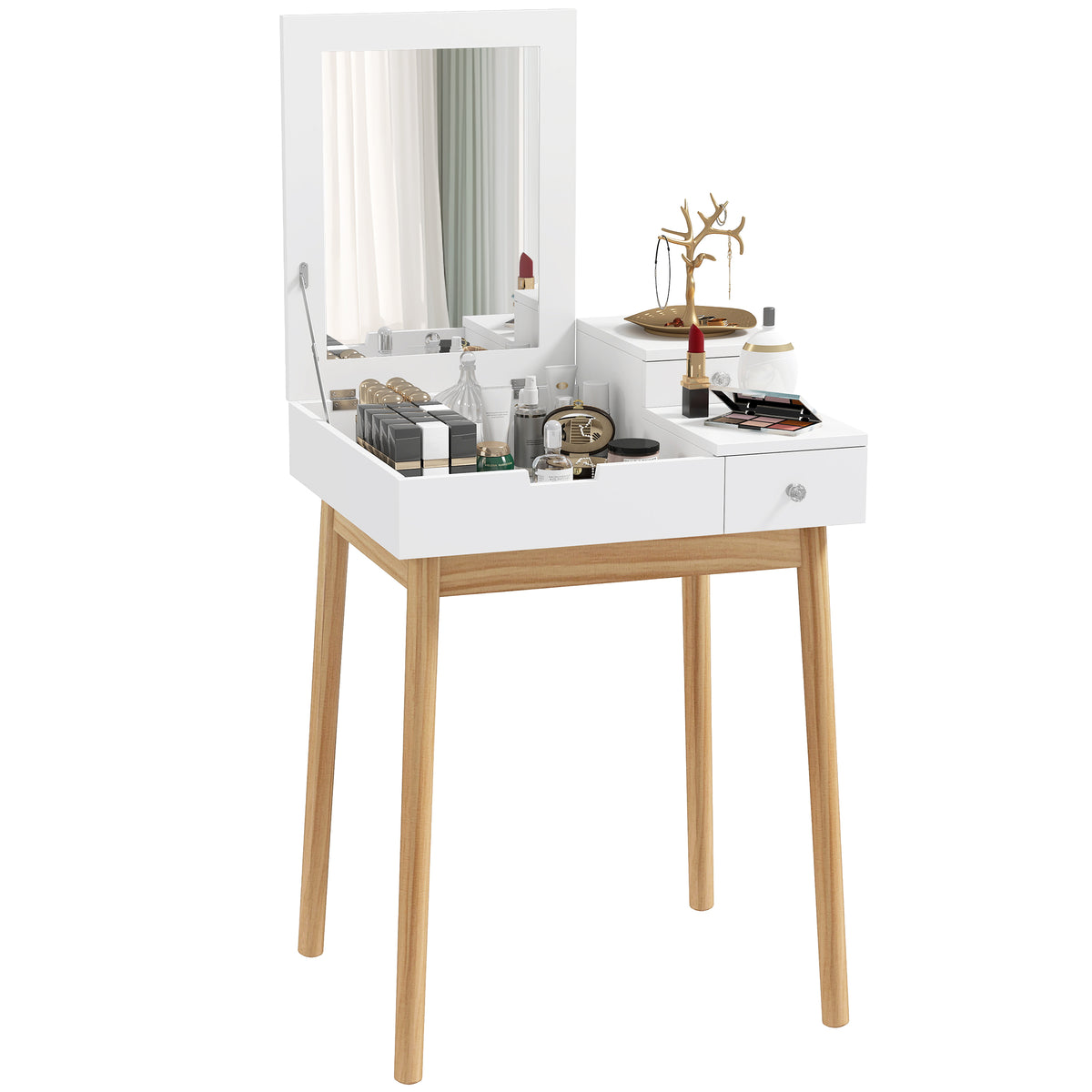 Dressing Table with Flip-up Mirror, Makeup Desk with 2 Drawers and Pine Wood Legs, Vanity Table Writing Desk for Bedroom Living Room