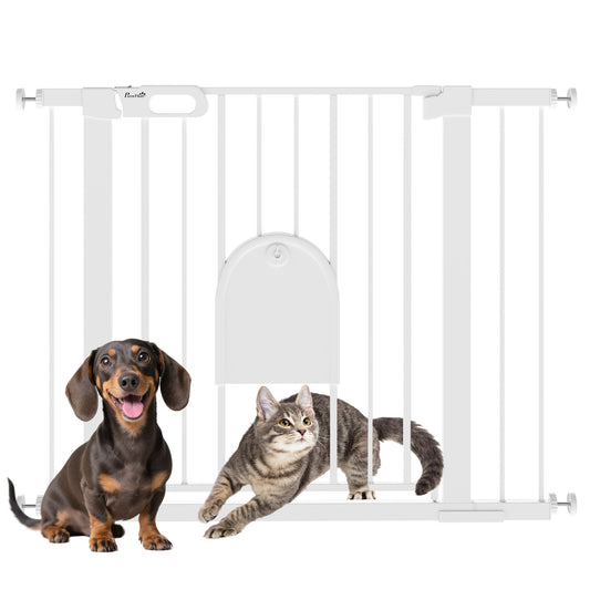 Dog Gate with Cat Flap Pet Safety Gate Barrier, Stair Pressure Fit, Auto Close, Double Locking, for Doorways, Hallways, 75-103 cm White