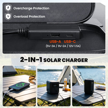 100W Portable Solar Panel, Foldable Solar Charger with USB-A & USB-C Fast Charging Output, IP67 Waterproof for Mobile Phone Power Bank Flashlight Fans Camping Backpacking Hiking