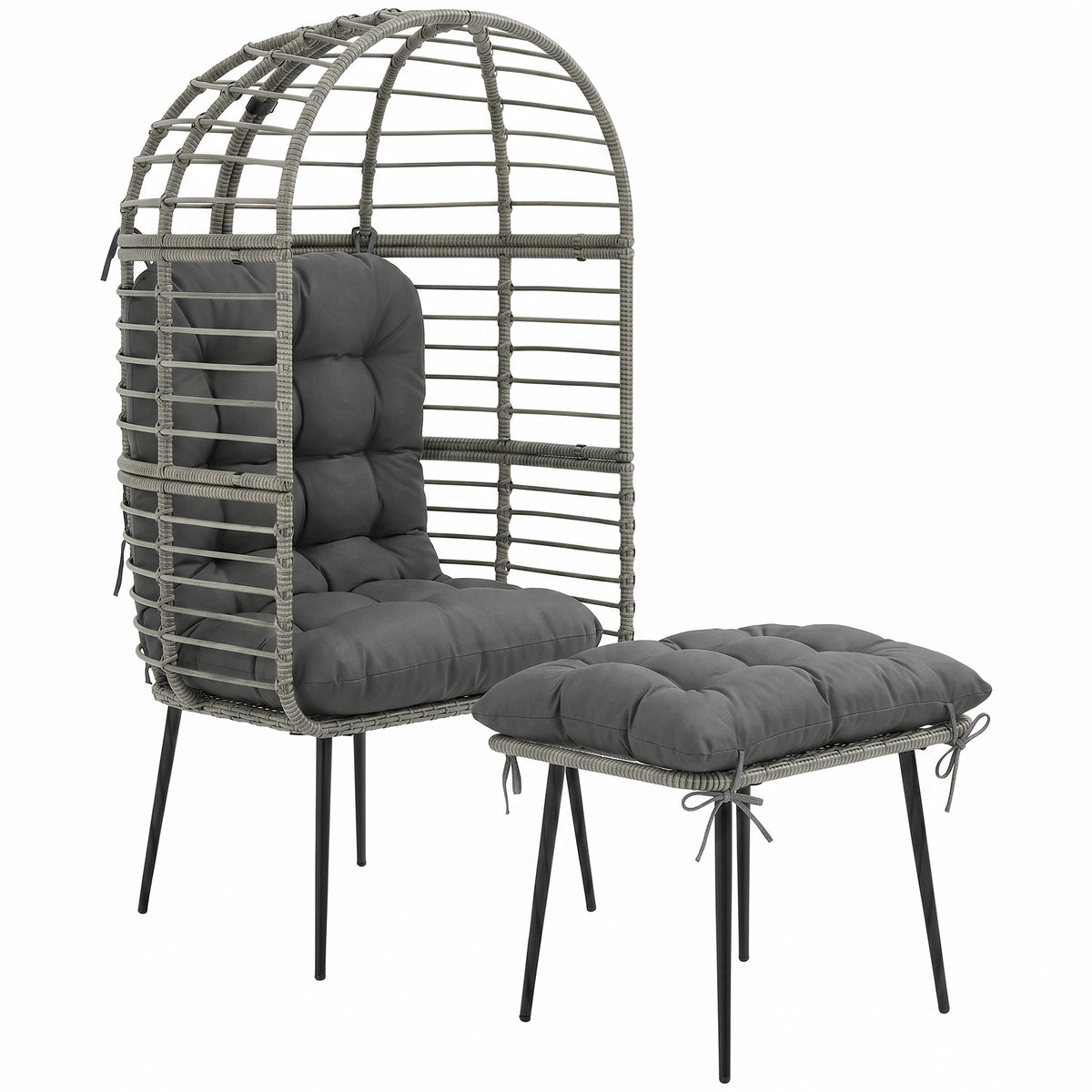 Garden Egg Chair with Footstool, Rattan Indoor Outdoor Lounge Chair and Ottoman Set with Thick Cushions