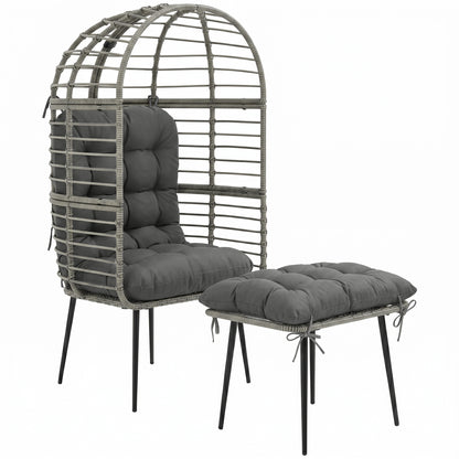Garden Egg Chair with Footstool, Rattan Indoor Outdoor Lounge Chair and Ottoman Set with Thick Cushions