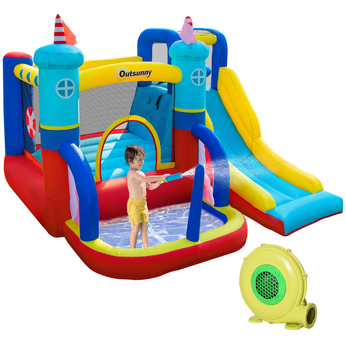 Kids Bouncy Castle, 4 in 1 Large Sailboat Style Inflatable House Slide Trampoline Water Pool Climbing Wall with Blower Carrybag for Kids Age 3-8, 2.65 x 2.6 x 2m