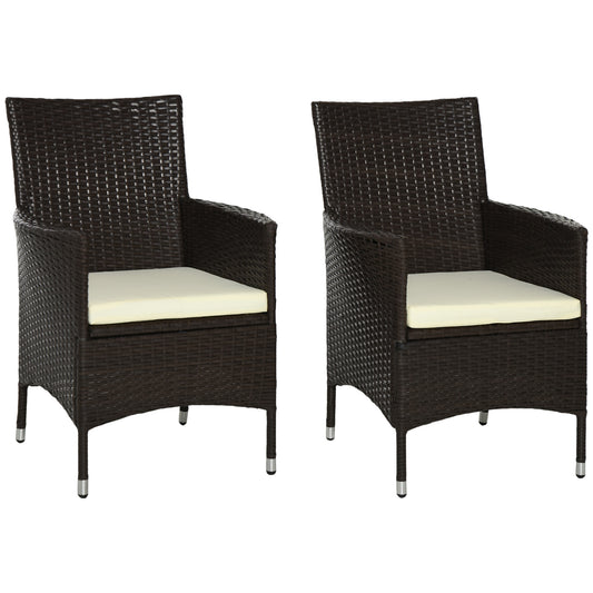2 Pieces Outdoor PE Rattan Dining Chairs Set with Cushion, Garden Armchair with Armrests, High Backrest, Metal Frame Patio Wicker Furniture, Coffee