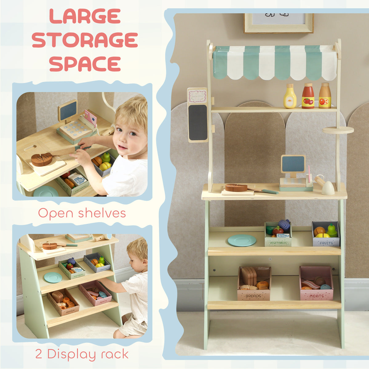 Wooden Toy Shop, Wooden Market Stall with Cash Register, Blackboard and Toy Food, 4 Storage Boxes, Ages 3+, Green