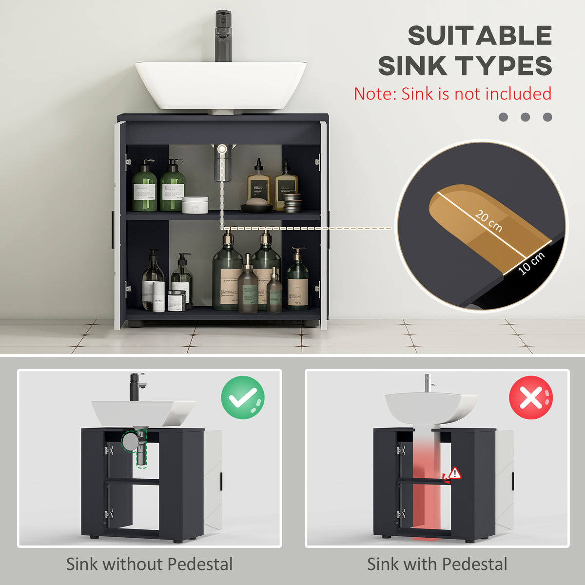 Under Sink Bathroom Cabinet, Bathroom Sink Cabinet with Soft-Close Doors, Adjustable Shelf, 10 x 20cm U Shaped Cut-Out, Storage Cupboard for Basin without Pedestal, Light Grey