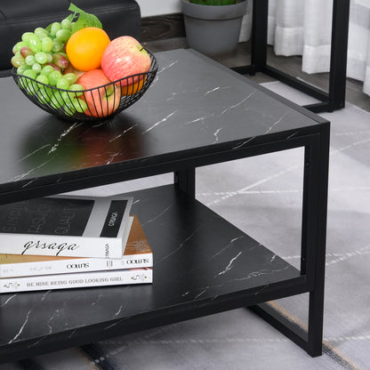 Coffee Table, Two-Tier Faux Marble Effect Centre Table with Metal Frame and Storage Shelf for Living Room, 106 x 50 x 45cm, Black