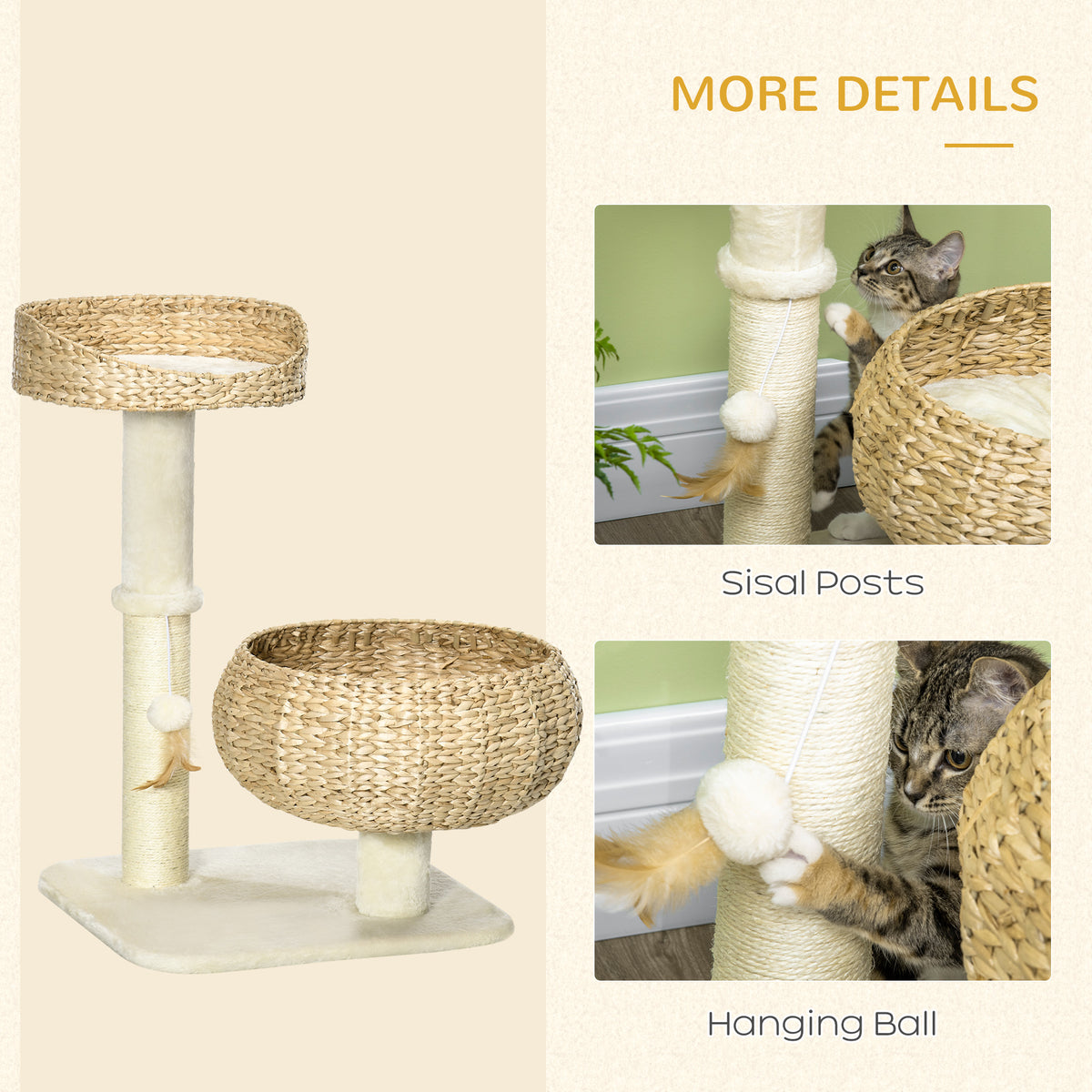 72cm Cat Tree Kitten Tower, with Sisal Scratching Post, Two Beds, Toy Ball