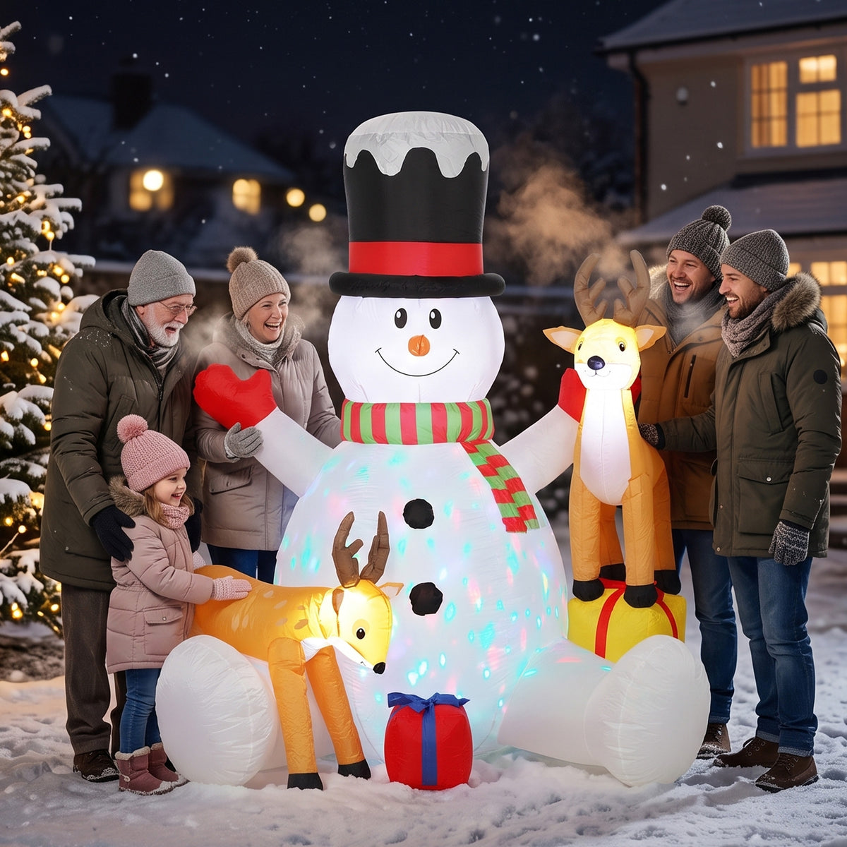 7ft Giant Christmas Inflatable Snowman with 2 Reindeer, Outdoor Blow Up Christmas Decoration with LEDs, Bag