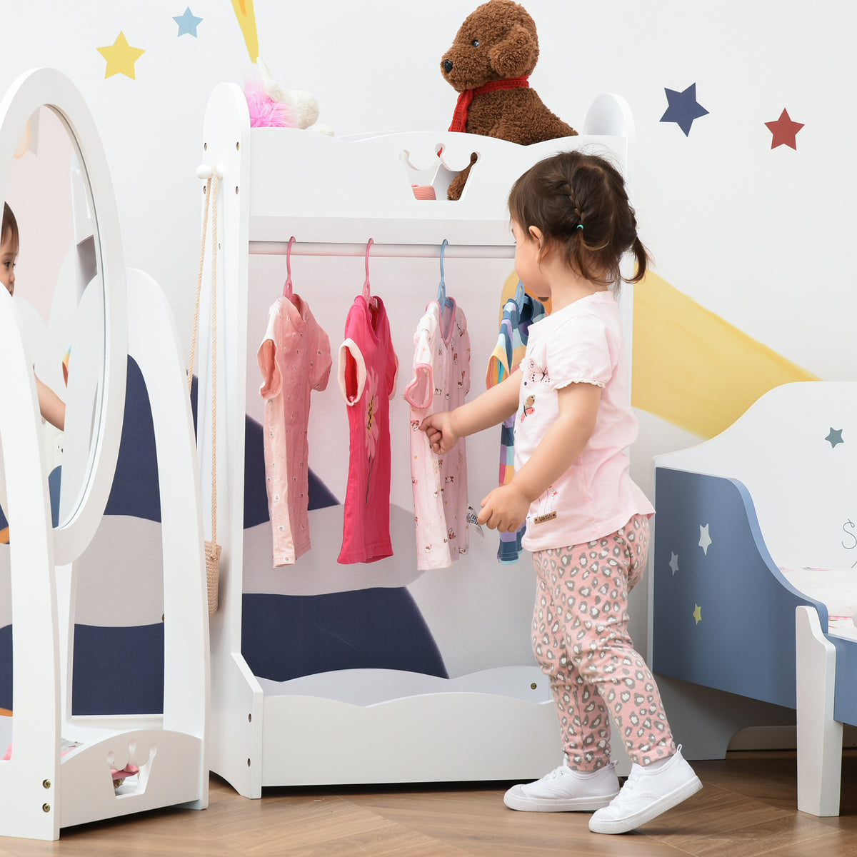 Kids Clothes Rail Wooden Hanging Rack with Storage Shelves Children Garment Freestanding Wardrobe for 3-8 Years Toddler, White