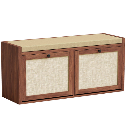 Rattan Shoe Bench with Padded Cushion and 2 Cabinets for Hidden Storage