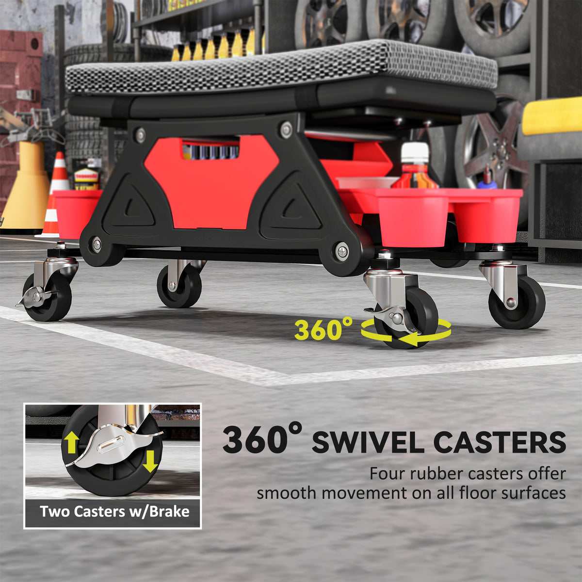 Rolling Mechanic Stool, 135kg Capacity Workshop Stool, 360° Swivel Roller Padded Creeper Seat with Wheels, Slide Out Tool Trays and Drawer for Garage, Shop, Auto Repair, Black