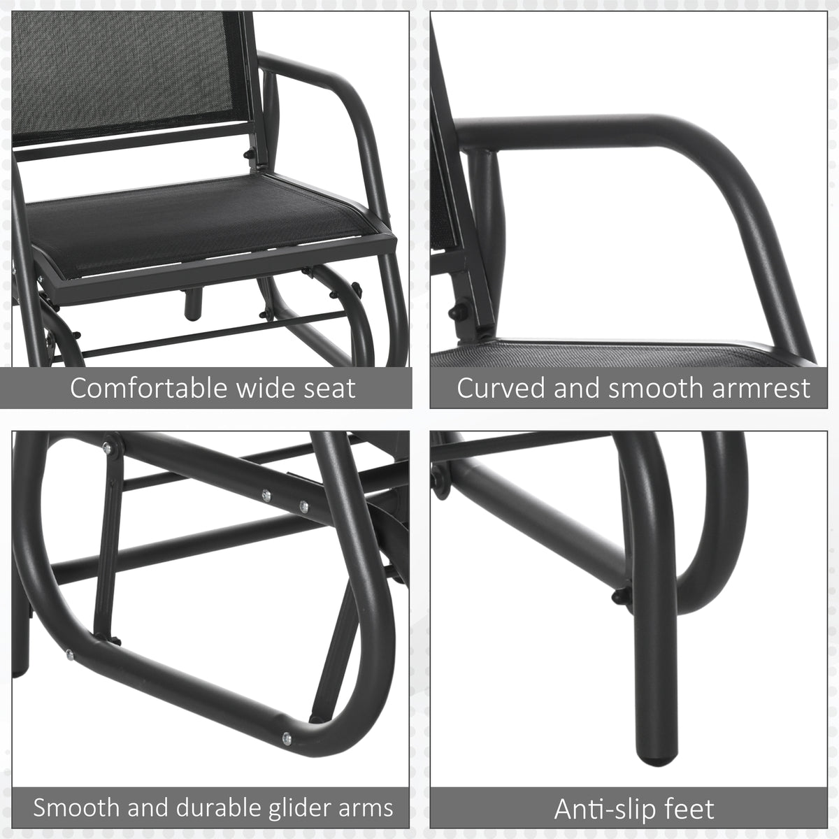 Outdoor Garden Glider Chair, Metal Frame Single Armchair Swing Seater w/ Breath Mesh Fabric Seat, Curved Backrest, Armrests, for Living Room, Patio, Porch, Dark Grey