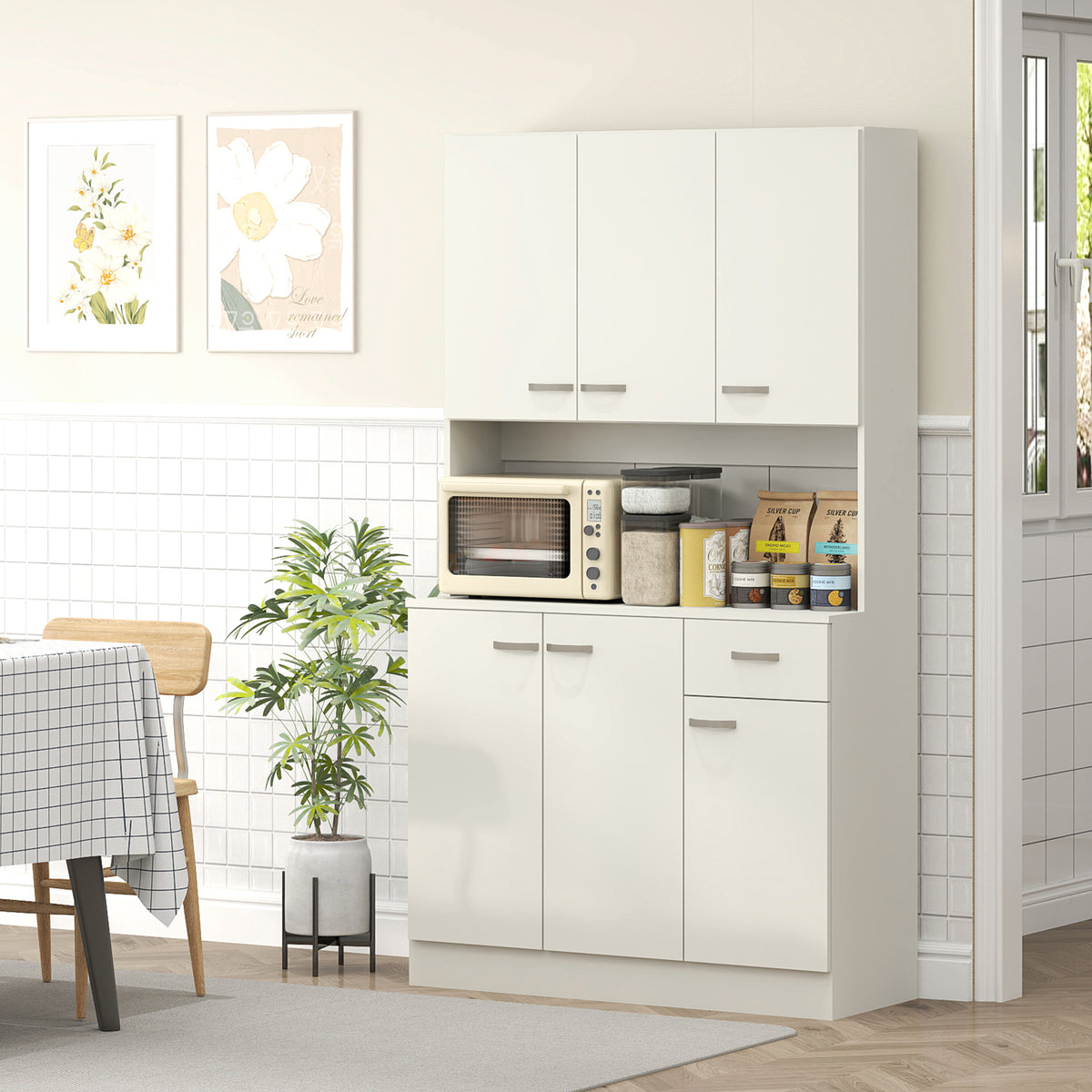 Freestanding Kitchen Pantry Storage Cabinet with Adjustable Shelves & Middle Worktop