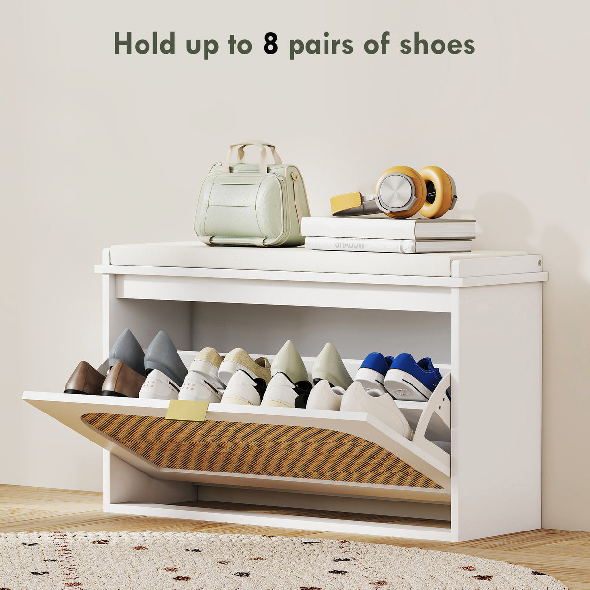 Boho Shoe Bench with Padded Seat and Flip-Drawer - White