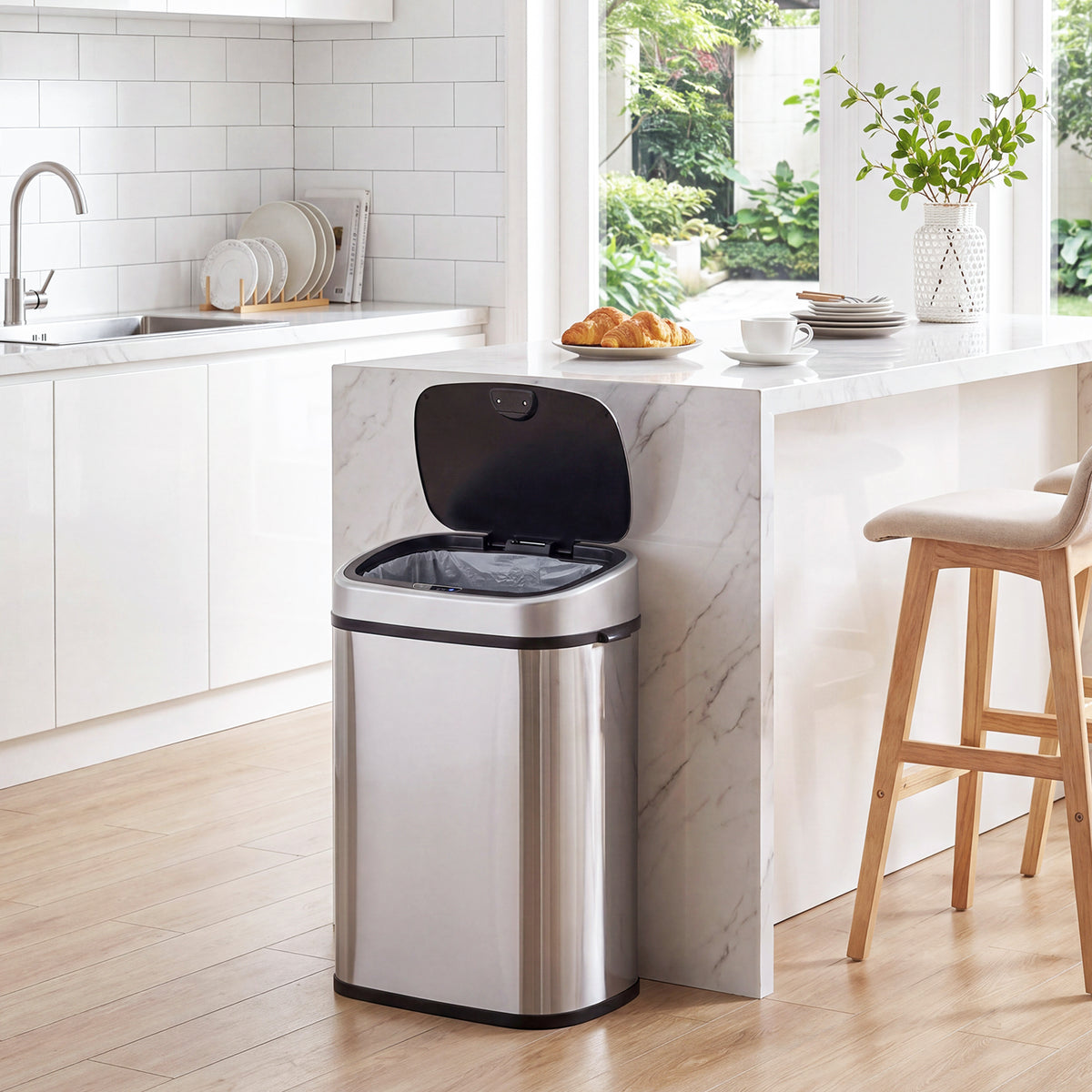 48L Motion Sensor Bin, Automatic Touchless Rubbish Bin with Fingerprint Resistant Stainless Steel for Kitchen, Hygienic Gyms, Home Office Use, Silver Tone