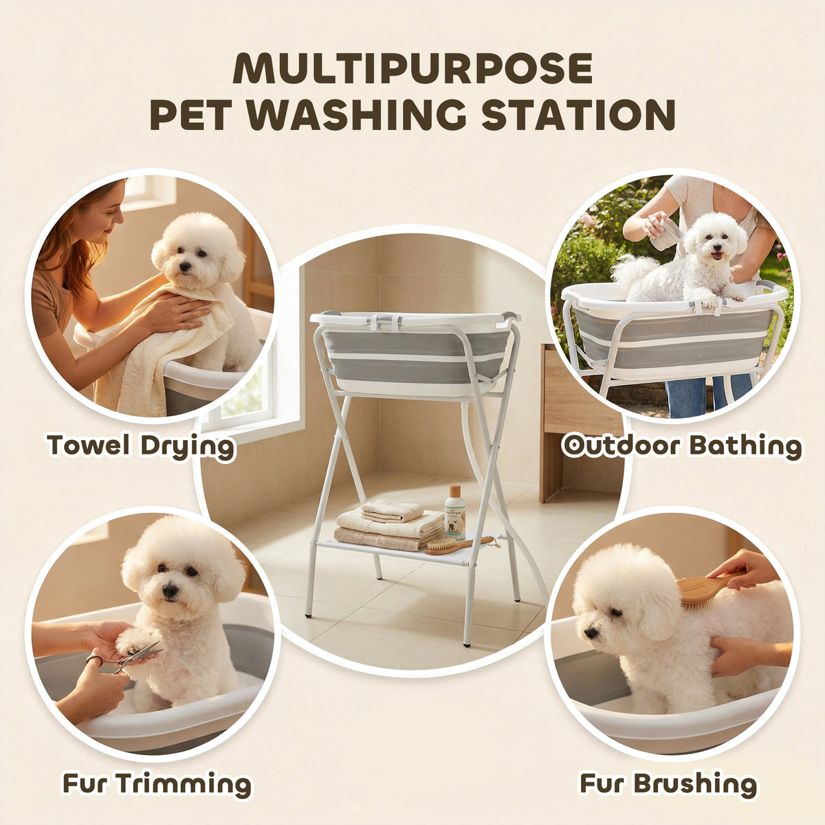 Dog Bath Tub, Portable Foldable Dog Bathtub with Stand, Drainage Hole, for Small Dogs Puppies Grey