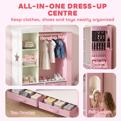 Kids Wardrobe with Lighted Mirror, Clothes Rail, Jewelry Cabinet, Shelves, Storage Boxes for Bedroom, Nursery, Pink