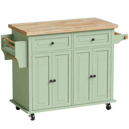 Rolling Kitchen Island Storage Trolley with Rubber Wood Top & Drawers for Dining Room, Light Green