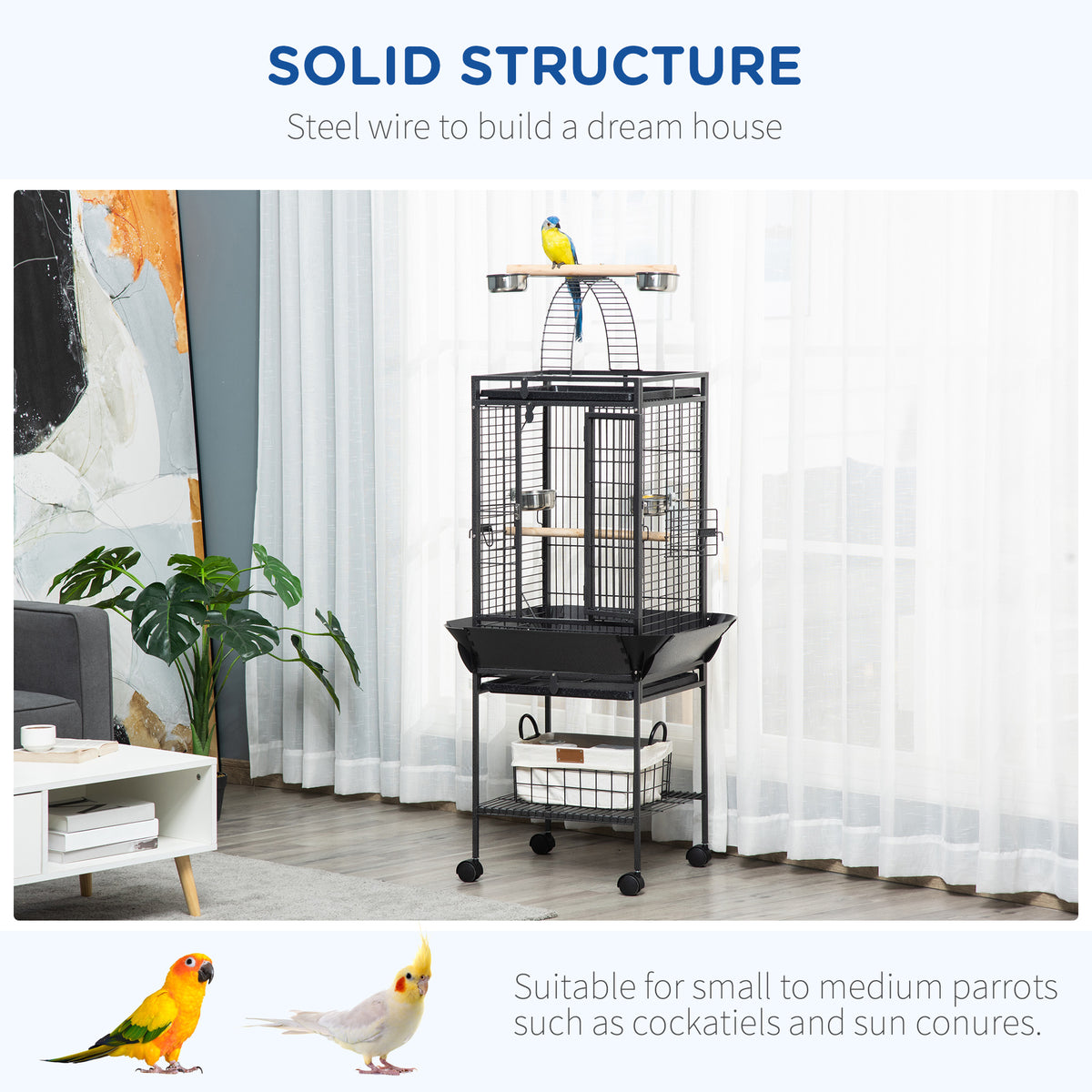156cm Bird Cage, Parrot Cage with Open Play Top, Perch, Seed Guard, Wheels, Storage Shelf, Dark Grey