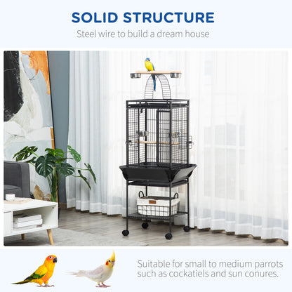156cm Bird Cage, Parrot Cage with Open Play Top, Perch, Seed Guard, Wheels, Storage Shelf, Dark Grey