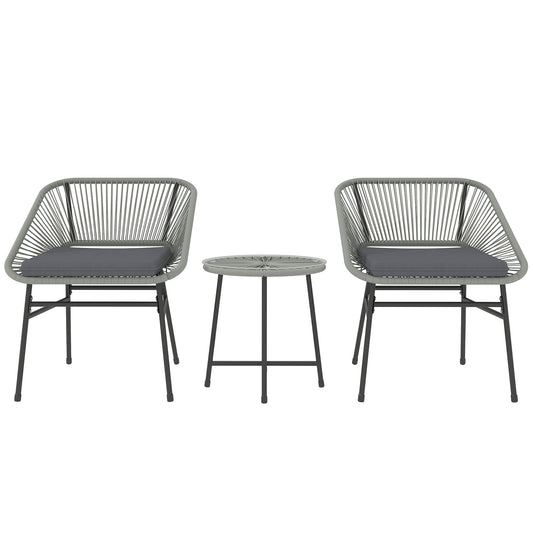 3 Pieces Rattan Bistro Set, Wicker Small Garden Table and Chairs Set with Cushions and Glass Top Coffee Table, Bistro Garden Furniture Set for Outdoor, Patio, Balcony