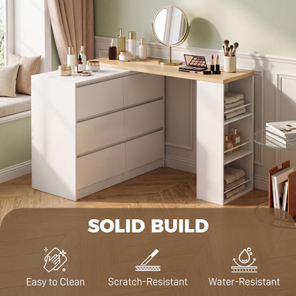 Vanity Table, Dressing Table with 6 Drawers and 3-Tier Shelf for Women and Girls, White