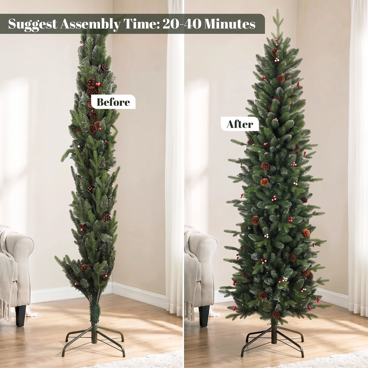 Slim Gracious Pine Xmas Tree, 6ft/180cm Artificial Christmas Tree with 688 Branch Tips, Foldable Steel Stand, Green