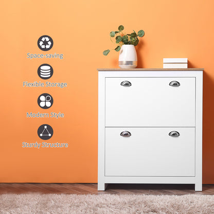 2 Drawer Shoe Cabinet Modern Narrow Shoe Cupboard Hallway Wooden Storage Organiser with Flip Doors Adjustable Shelf for 6-12 Pairs