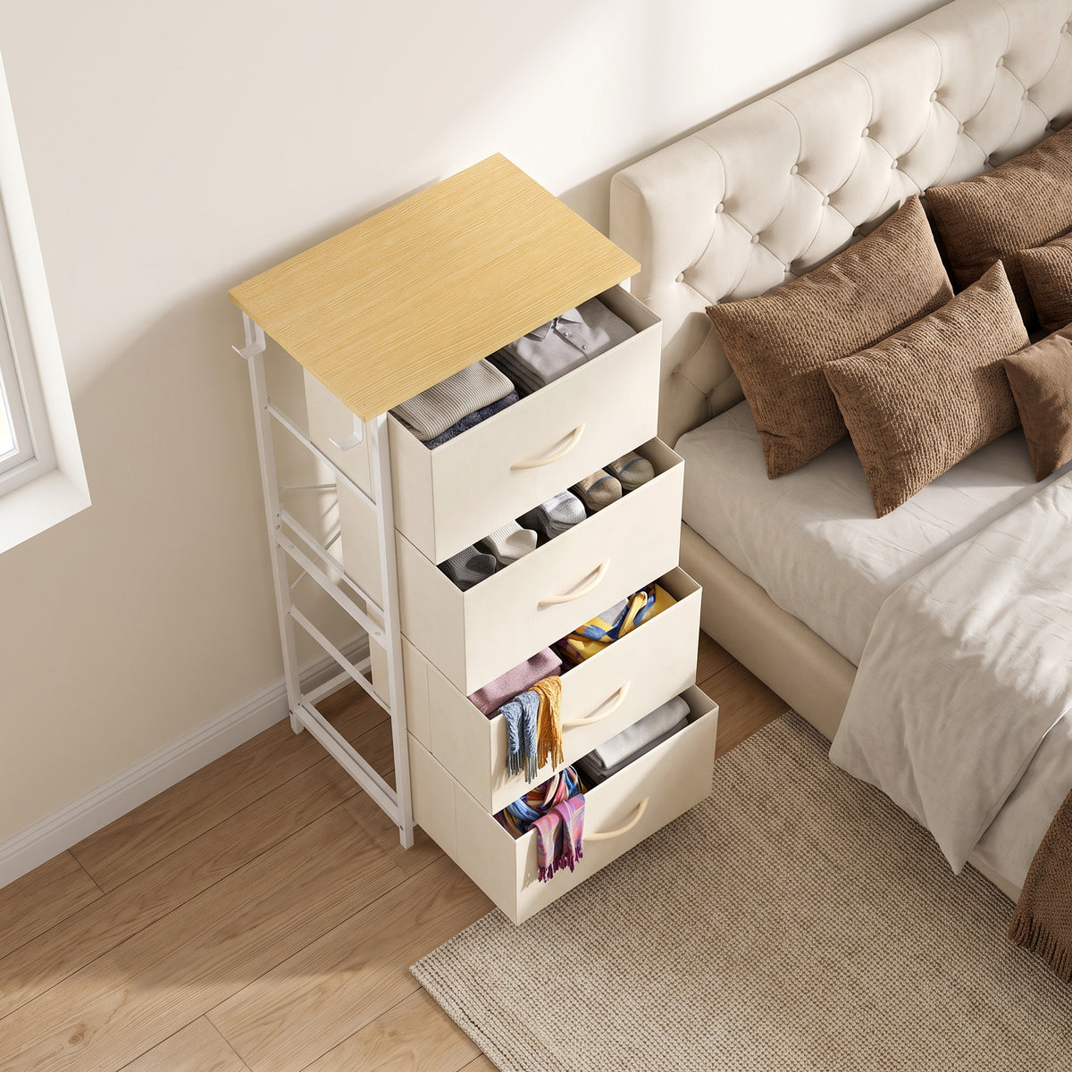 Chest of Drawers with 4 Fabric Drawers, Tall Storage Unit with 2 Hooks and Steel Frame for Bedroom, Beige