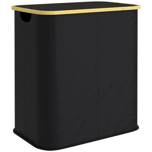 Double Laundry Basket With Lid, 80L Collapsible Laundry Hamper with Groove Handles, Washing Basket for Bathroom, Bedroom, Laundry Room, Black