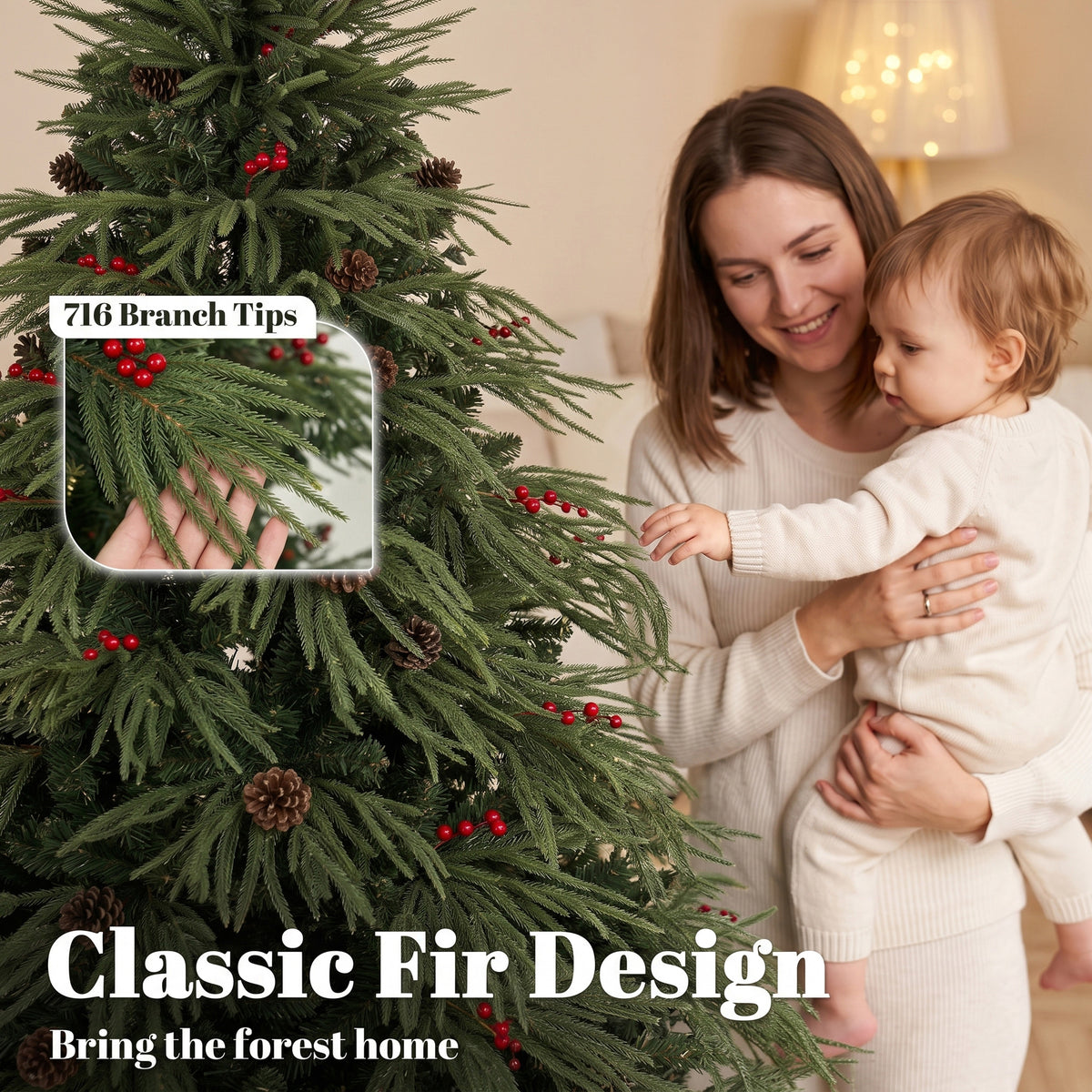 6ft Artificial Christmas Tree with Pinecones, Red Berries, Hinged Predecorated Xmas Tree with 2843 Branch Tips