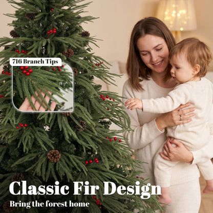 6ft Artificial Christmas Tree with Pinecones, Red Berries, Hinged Predecorated Xmas Tree with 2843 Branch Tips