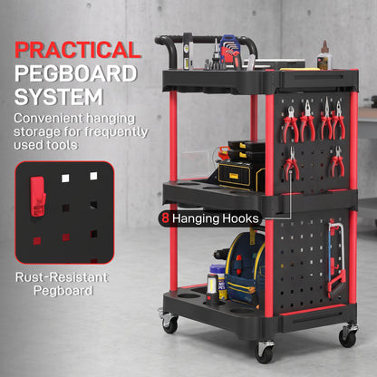 3-Tier Rolling Tool Cart with Pegboard and Hooks, Storage Trolley Wheel Cart with Brakes, Black & Red