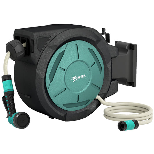 Retractable Hose Reel Wall Mounted, 20+2m Garden Hose Pipe Reel with Lock, Auto Rewind, 7 in 1 Spray Nozzle, Includes Wall Fixings, 180° Swivel, Outdoor Watering, 54 x 20 x 39 cm