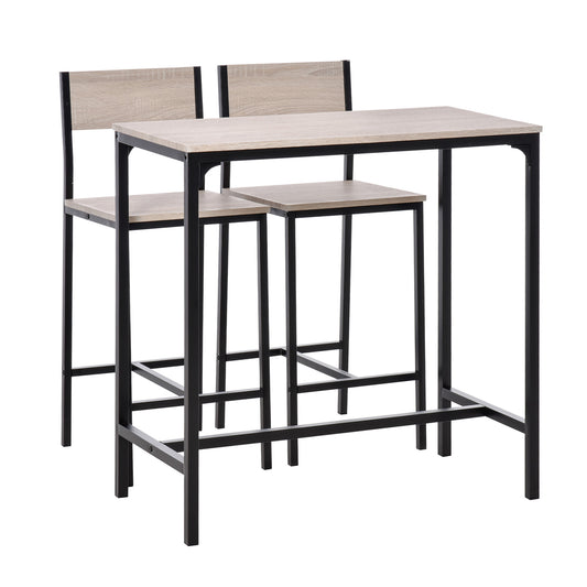 3-Piece Bar Table Set with 2 Stools, Industrial Breakfast Bar Set with Footrest, Backrest for Dining Room