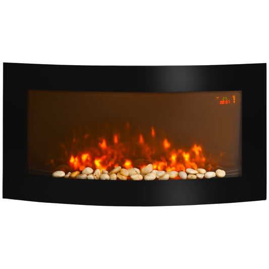 Led Wall Mounted Fireplace Curved Glass Electric Fire Place Fire Place 9 Colour Side Lights Slimline, 900/1800W, 90cm x 50cm