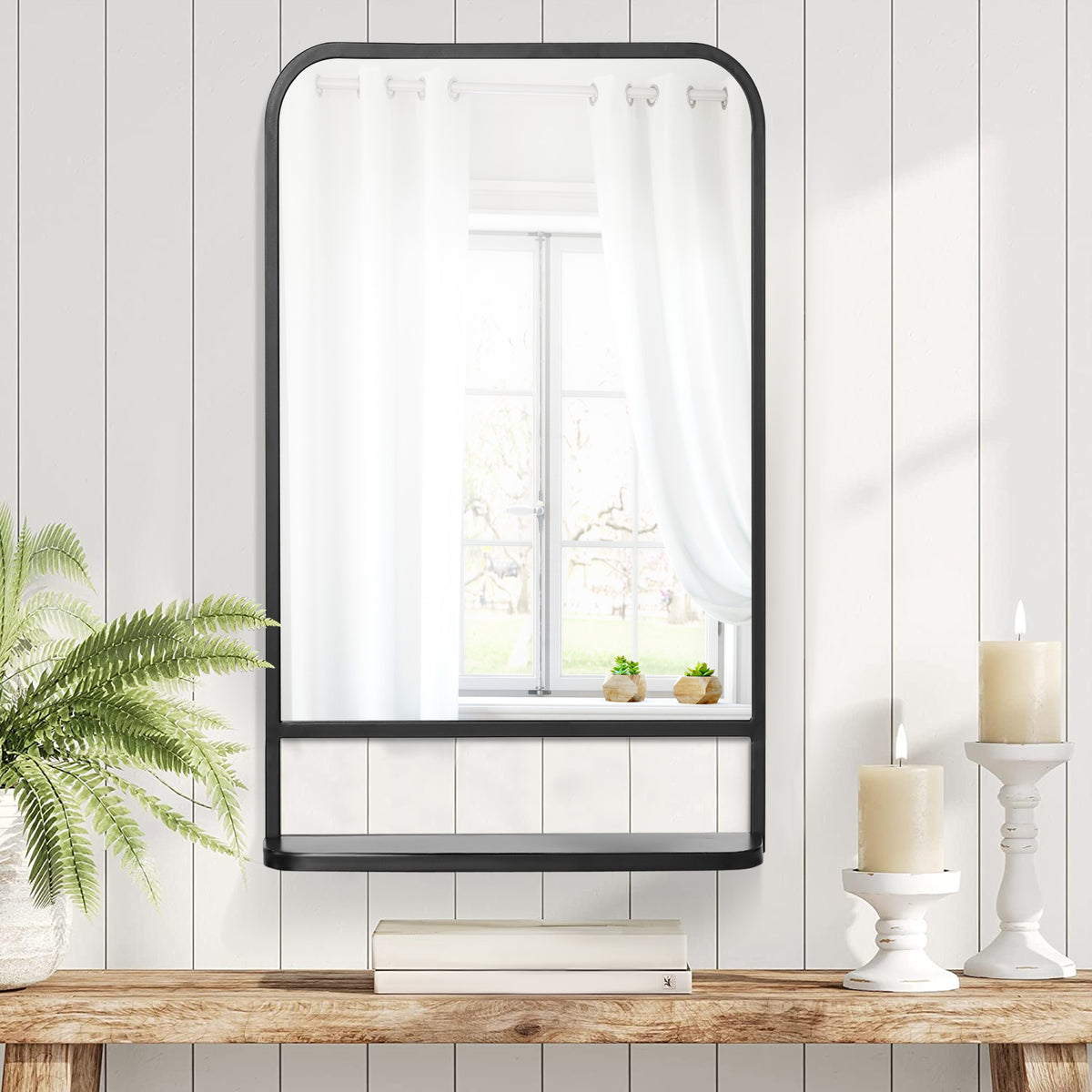 Modern Rectangular Wall Mirror with Storage Shelf, 86 x 53 Mirrors for Living Room, Bedroom, Black