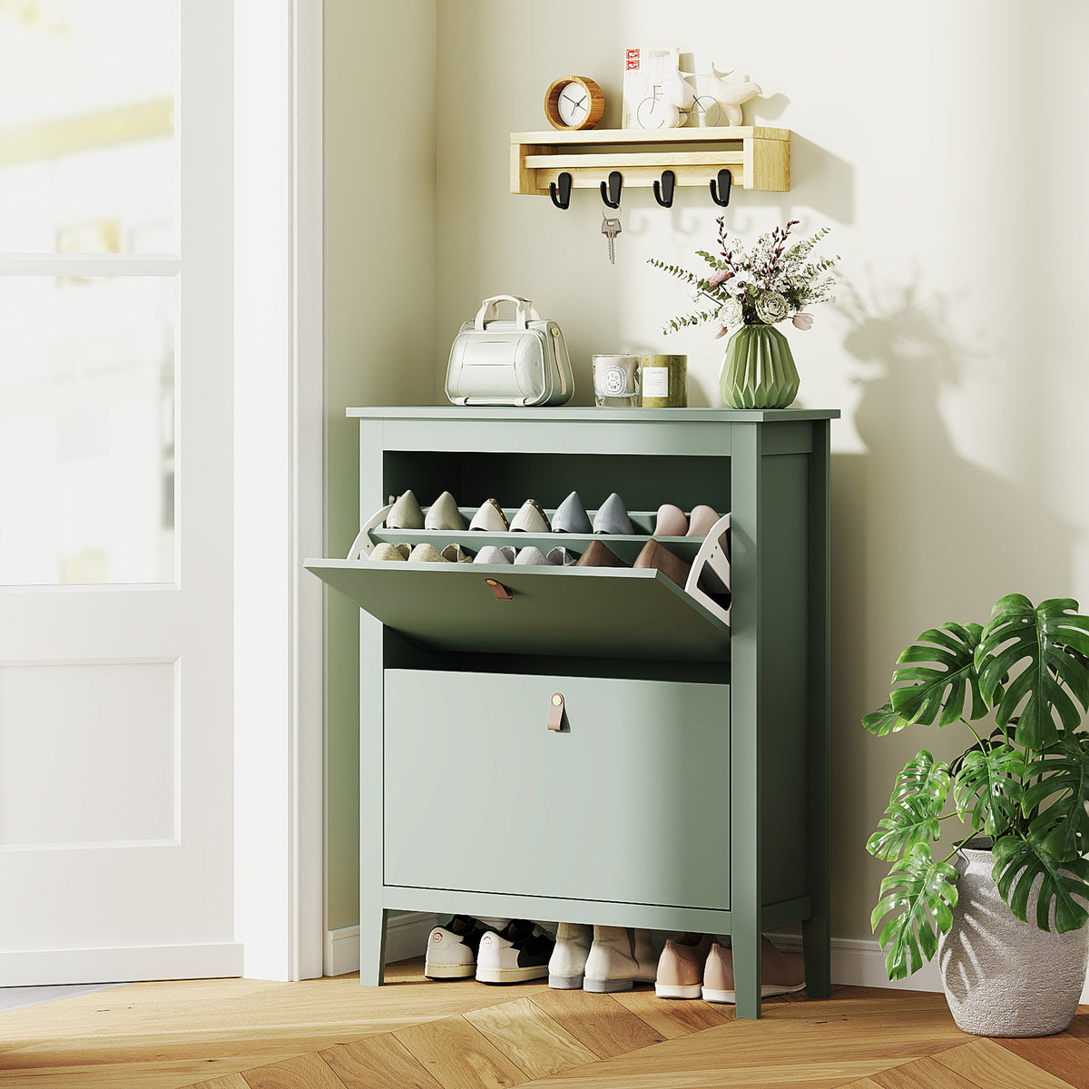Modern Two-Drawer Shoe Cabinet - Green
